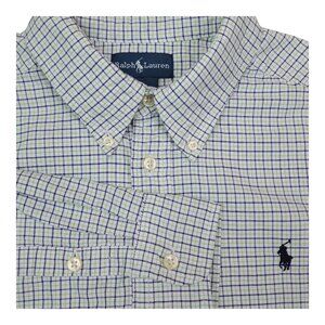 Ralph Lauren Boys Long Sleeve Button-Down Shirt L (14-16) 100% Cotton Blue Check